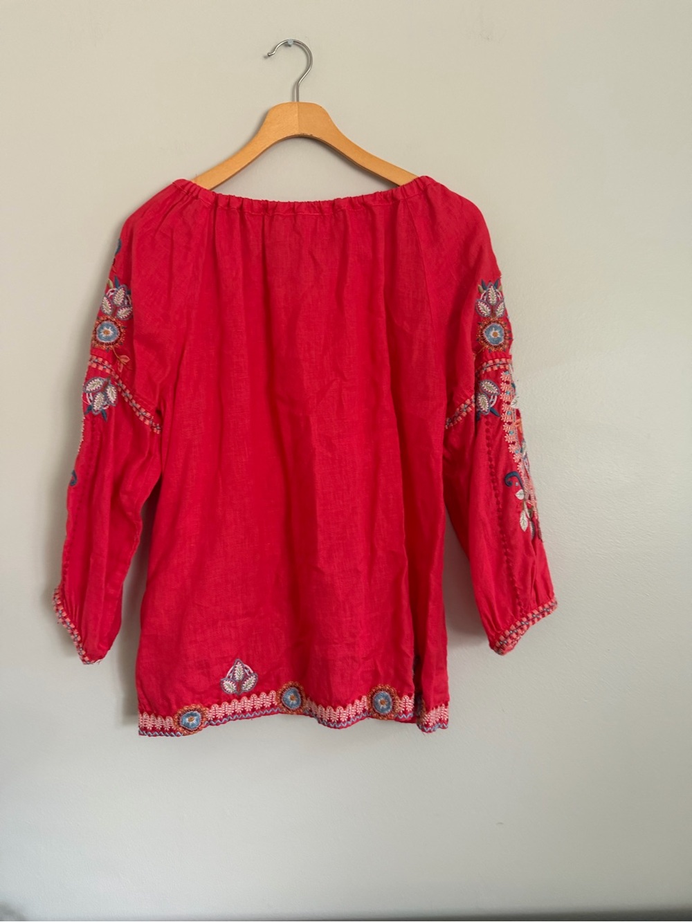 Johnny Was Maisie Peasant Tie Embroidered Blouse Linen Boho Coral Size Small - Picture 9 of 16